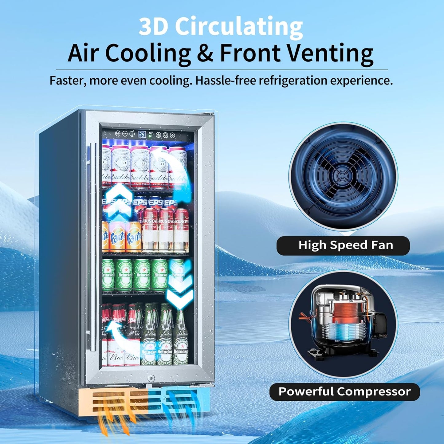 15 Inch Beverage Refrigerator Under Counter - 126 Cans Beverage Fridge with Glass Door for Beer Wine Soda - Built-in or Freestanding Wine Cooler with Safety Lock for Home Kitchen Bar