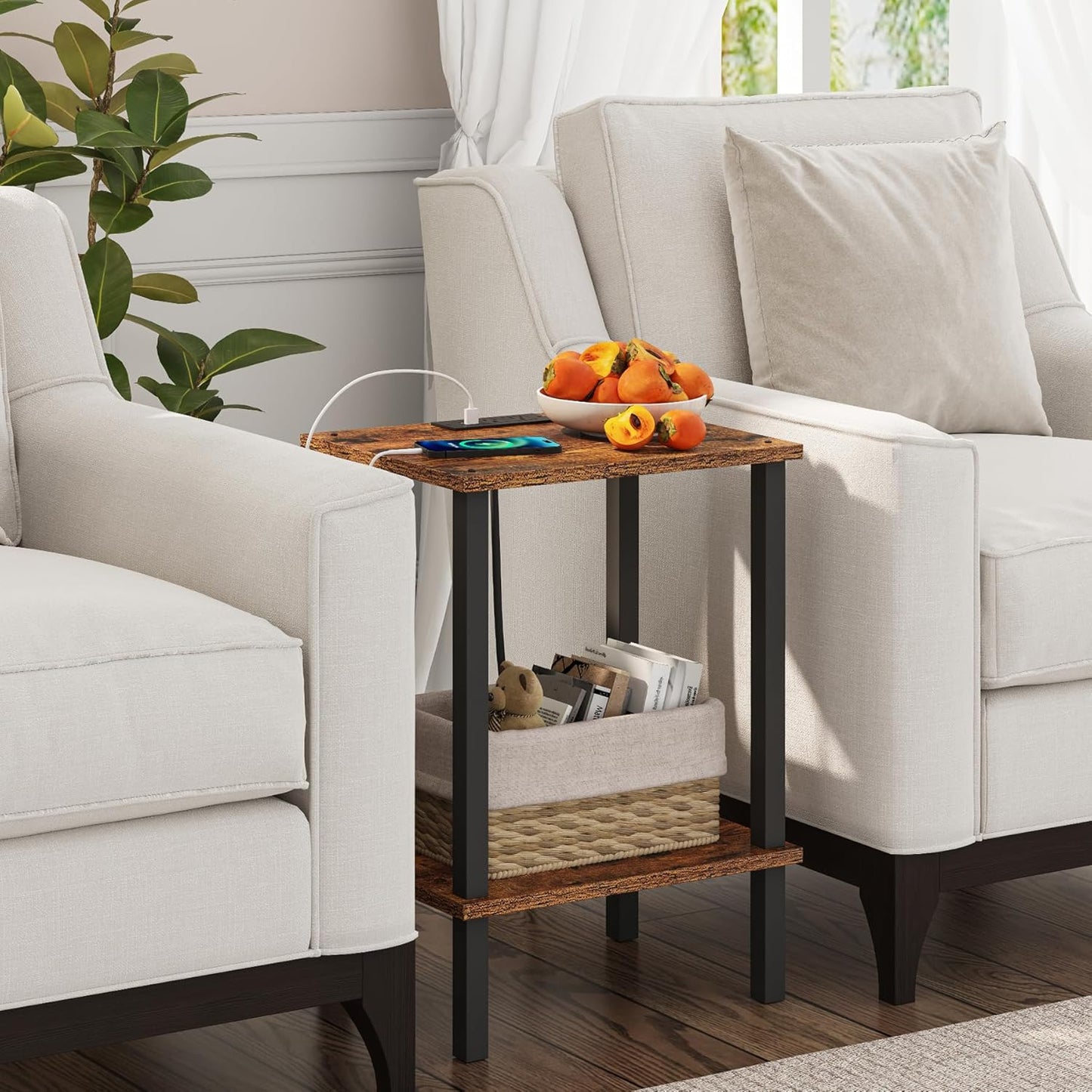 TUTOTAK End Table with Charging Station, Side Table with USB Ports and Outlets, Nightstand, 2-Tier Storage Shelf, Sofa Table for Small Space TB01BB040