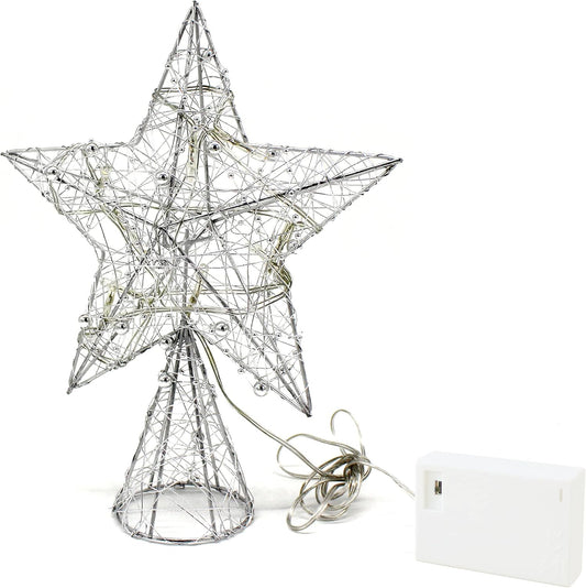 CVHOMEDECO. Silver Wire Woven Tree Top Star with Bright White LED Lights and Timer for Christmas Ornaments and Holiday Seasonal Décor, 8 x 10 Inch
