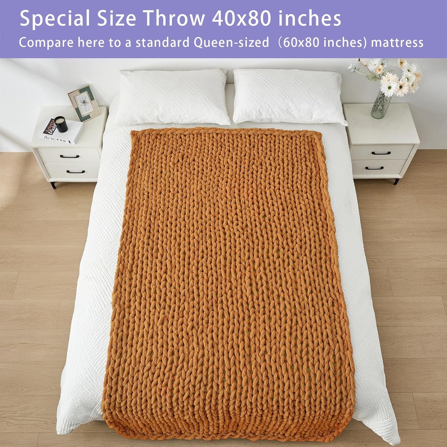 Bigacogo Chunky Knit Throw Blanket for Couch, 40x80 inches, 100% Hand Knitted with Thick Jumbo Chenille Yarn, Cozy Soft Large Rope Knot Cable Crochet Blankets for Sofa Bed Living Room, Burnt Orange