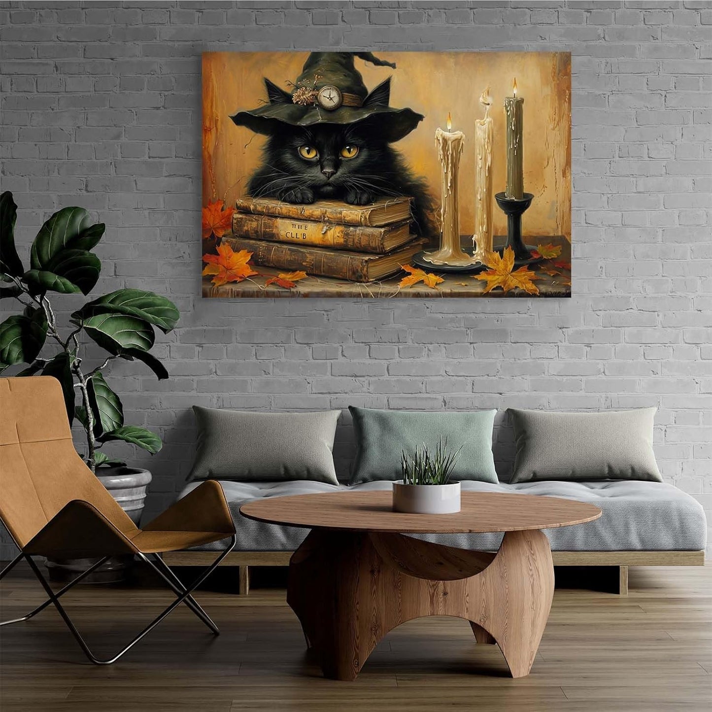 Vintage Halloween wall decoration black cat and magic book suitable for home bedroom living room decoration dark classic art witch wall decoration20x30in Wood Framed