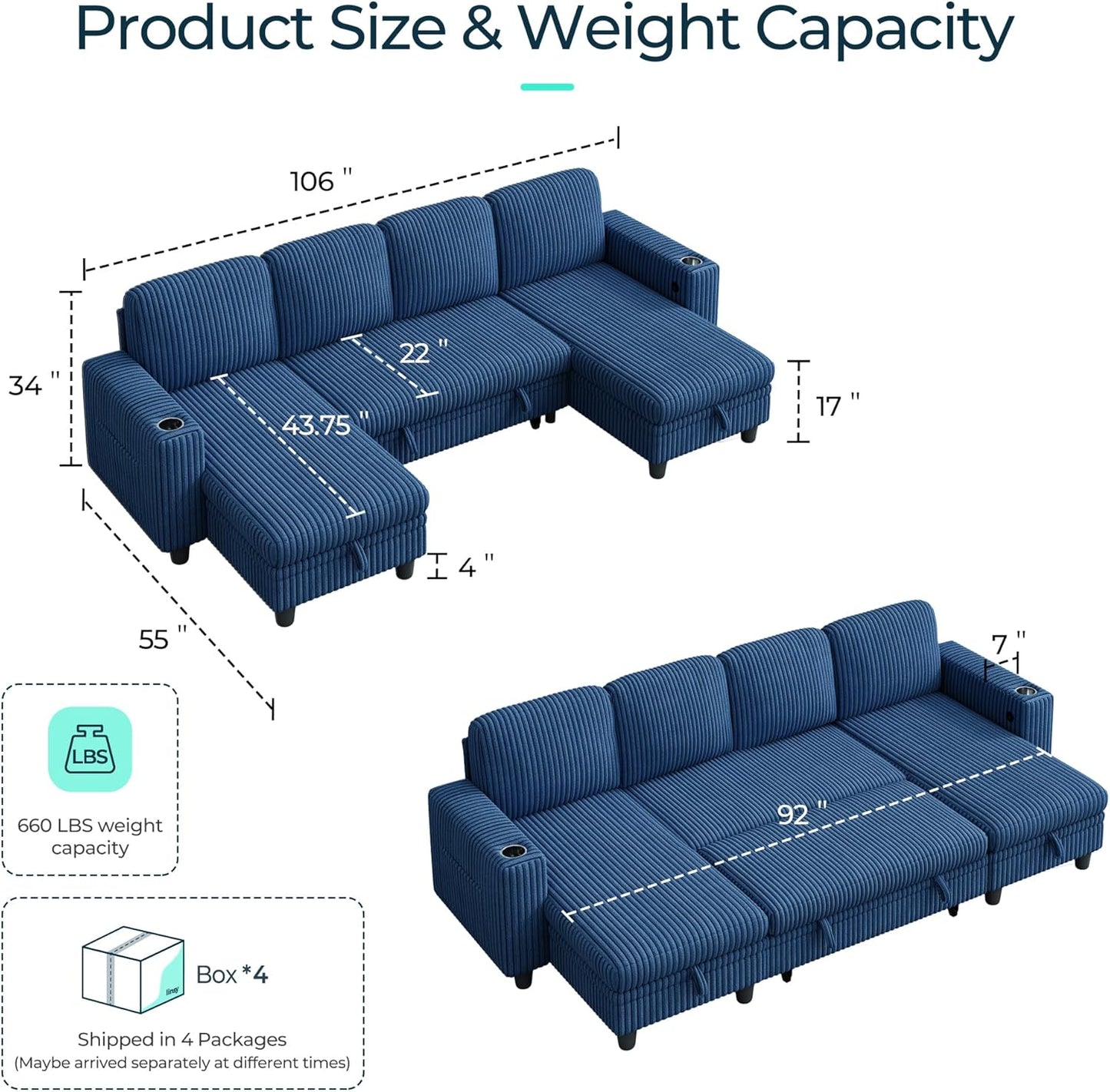 LINSY HOME Sectional Sleeper Sofa with Pull Out Couch Bed - Convertible Plush Corduroy Cloud Couch with Storage Chaise & USB Charging, Comfy U Shaped Modular Couches for Living Room, Blue