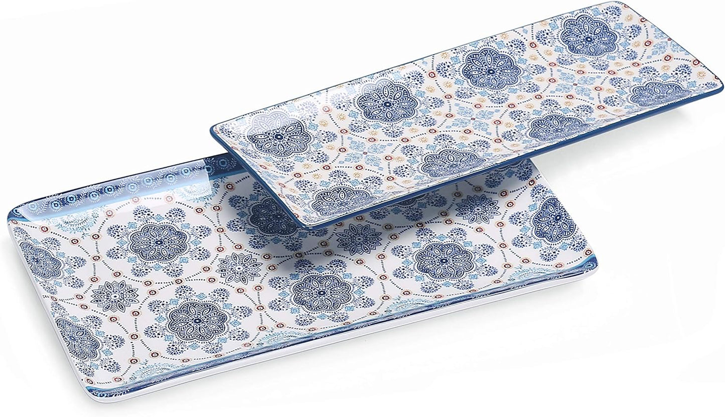 Bico Blue Talavera Ceramic 14 inch Rectangular Serving Platter, Set of 2, for Serving Salad, Pasta, Cheese, Ham, Appetizer, Microwave & Dishwasher Safe