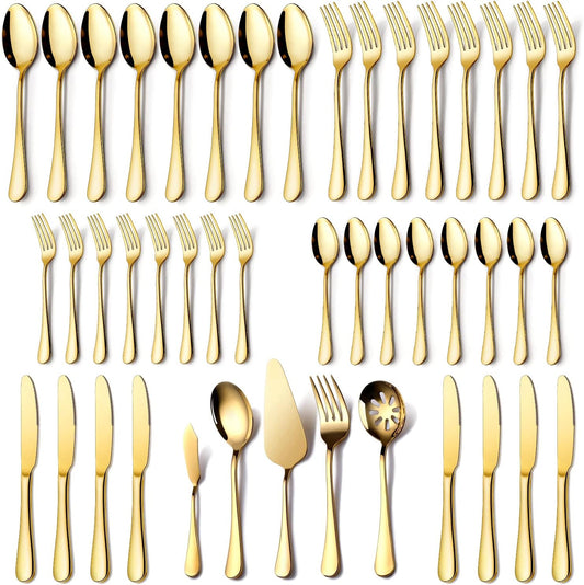 Gold Silverware Set for 8, OGORI 45-Piece Stainless Steel Flatware Set with Serving Set, Mirror Polished Cutlery Set with Serving Utensils Spoon for Kitchen Party Supply