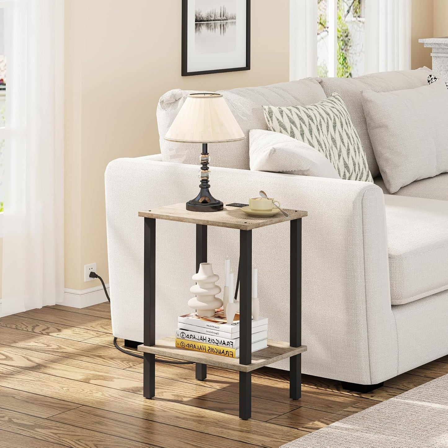 TUTOTAK End Table with Charging Station, Set of 2, Small Side Table, Nightstand Bedside Table, 2-Tier Storage Shelf for Small Space, Living Room, Bedroom Greige V1TB01BG041