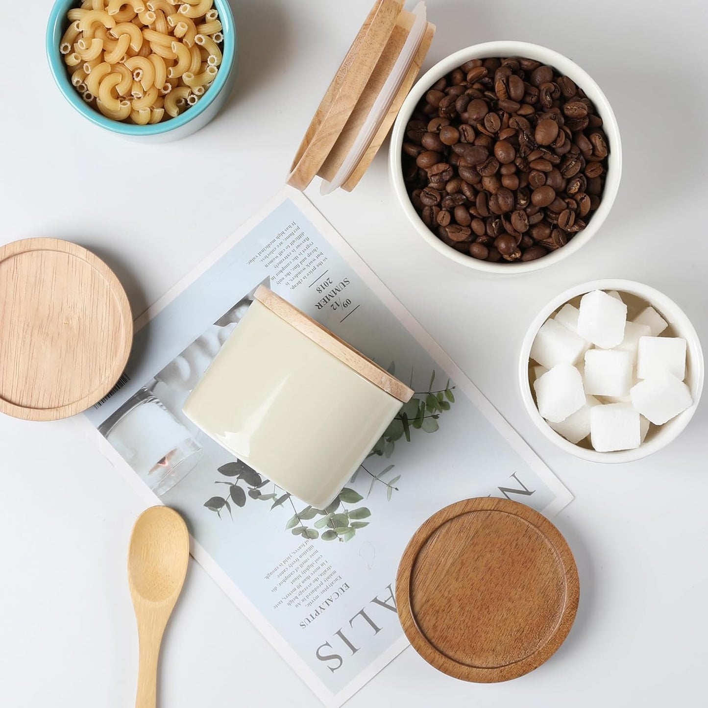 Sweejar Kitchen Canisters Ceramic Food Storage Jar, Stackable Containers with Airtight Seal Wooden Lid for Serving Ground Coffee, Tea, Sugar, Spice and More - 5 Fl Oz(Gradient Orange)