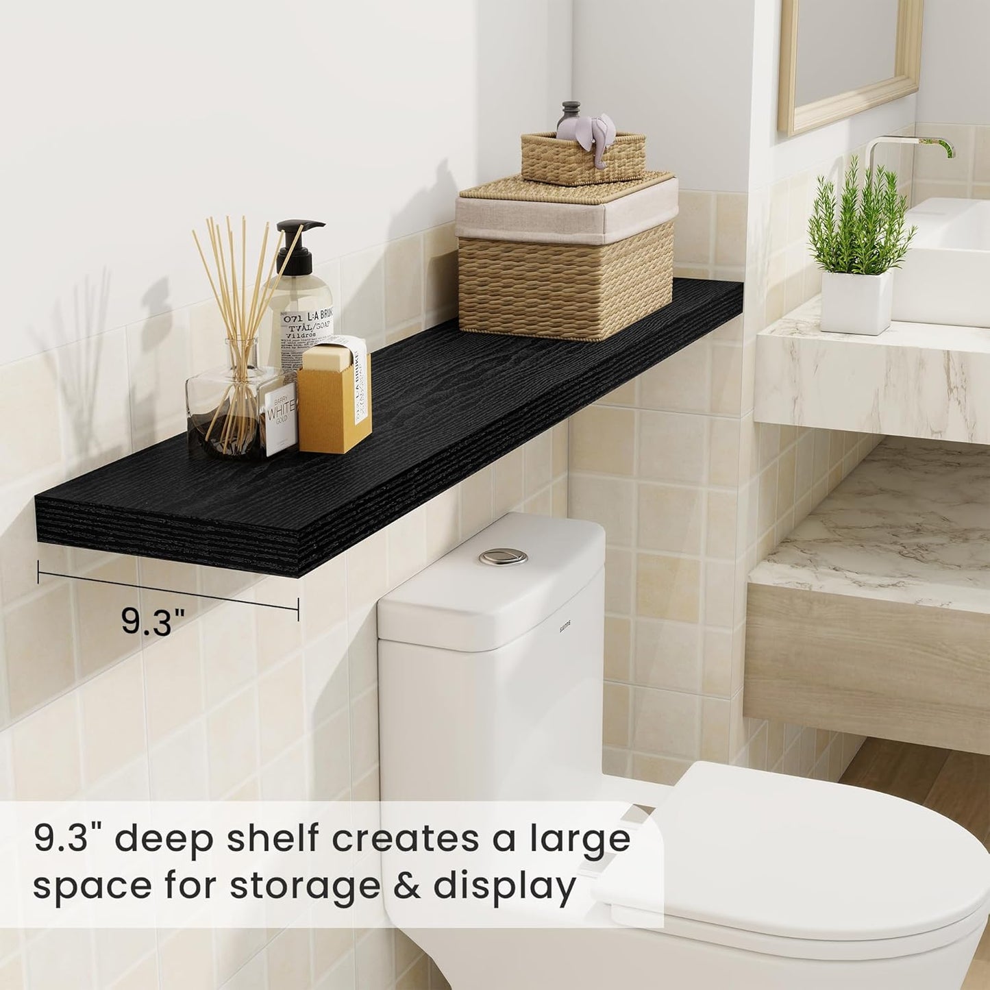 Fun Memories 48 Inch Deep Floating Shelves for Wall, 2 Pack of Long Wall Mounted Wood Shelves with Invisible Brackets for Bathroom, Bedroom, Living Room, Kitchen Decor and Storage, Black