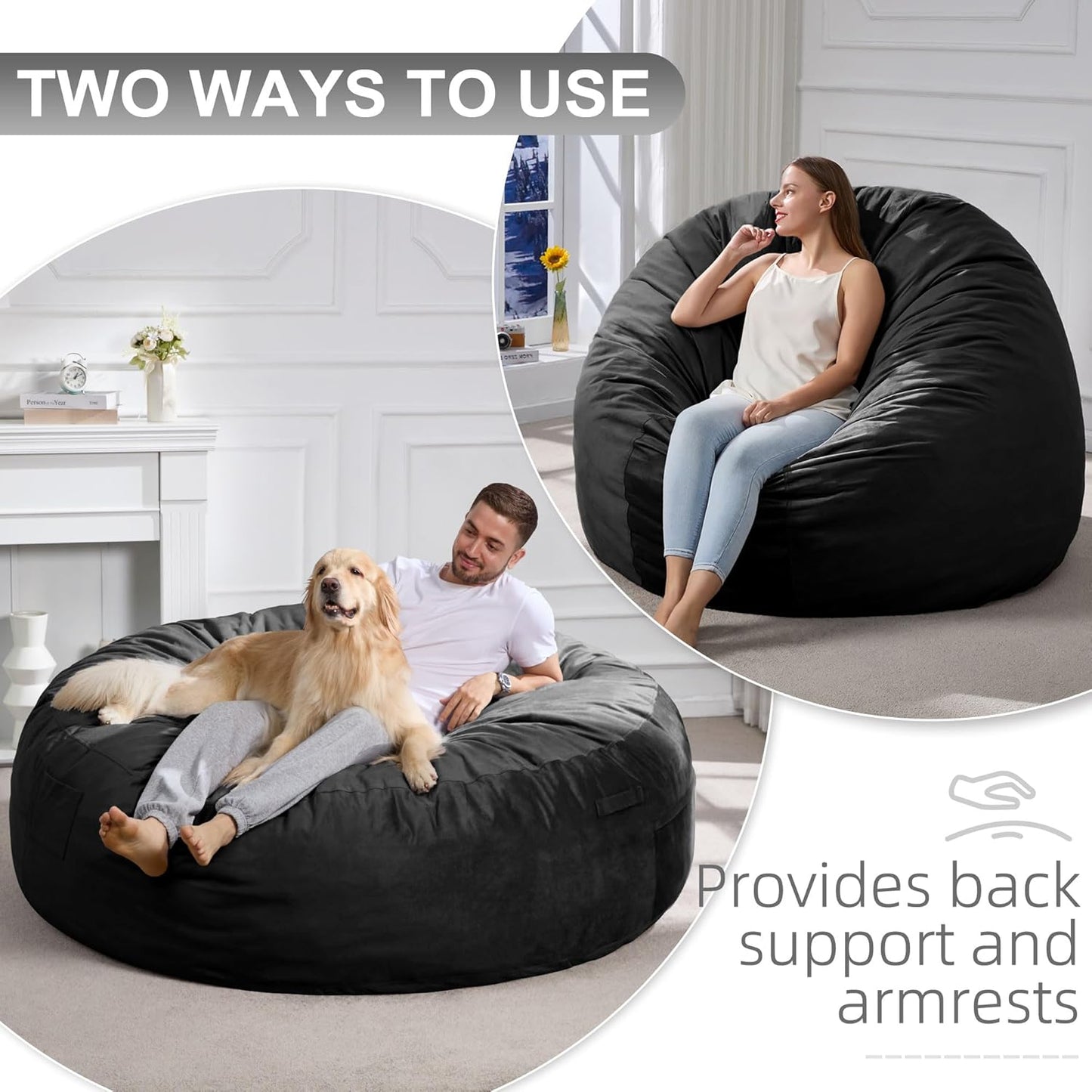 Hobestluk 6FT Bean Bag Chair Bean Bag Chairs for Adults Giant Bean Chairs with Velvet Cover, Memory Foam BeanBag Chair Fluffy BeanBag Chairs for Living Room, Bedroom- Black (70" x 70" x 15")