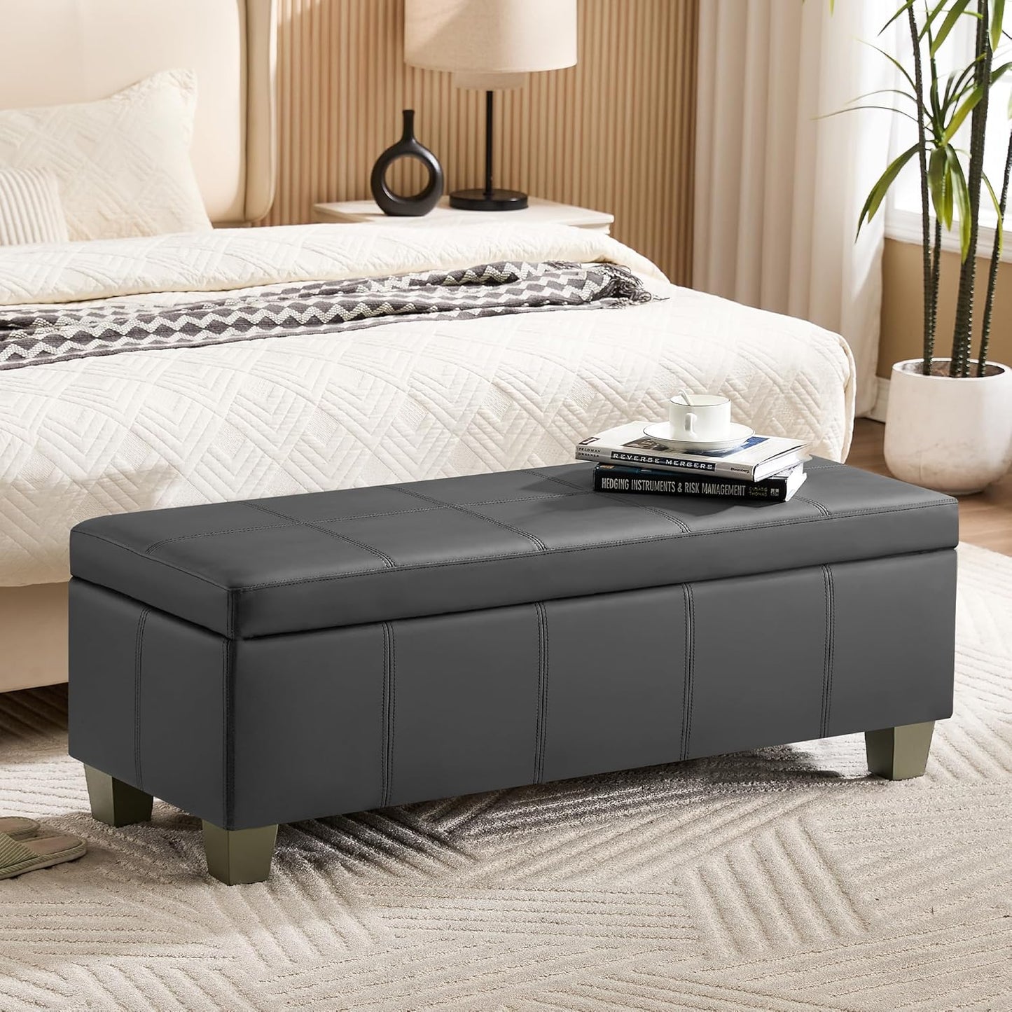 51" Faux Leather Storage Ottoman, Stitch Tufted Rectangle Upholstered End of Bed Storage Bench, Entryway Large Couch Ottoman with Wooden Legs,Dark Grey