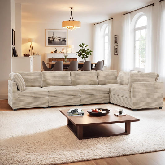 ovios Sectional Sofa Couch with L-Shape Chaise Convertible, Comfy Modular Cloud Couches with Deep Seat, Modern Upholstered Plush Corduroy Sofas Set for Living Room, 5-Seater, Beige