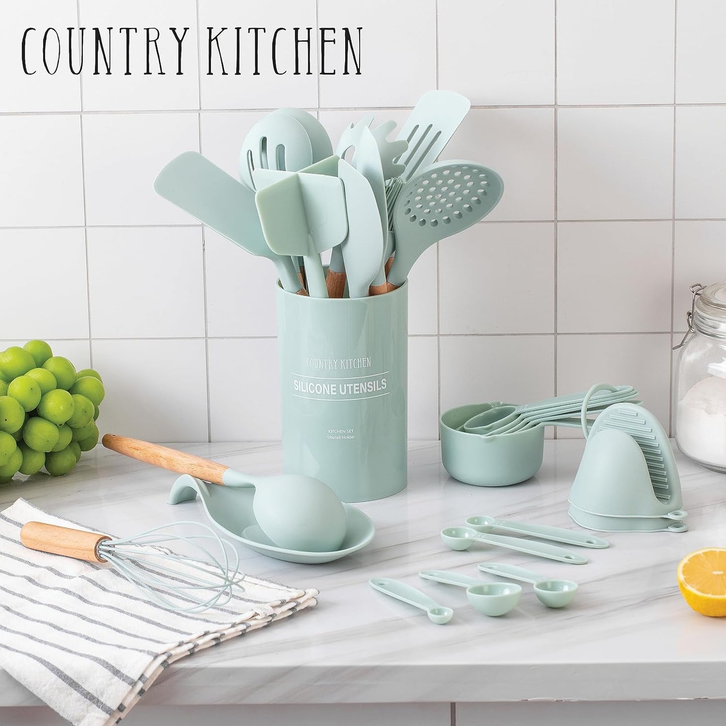 Country Kitchen Non Stick Silicone Utensil Set with Rounded Wood Handles for Cooking and Baking, 38 Piece Set, Mint