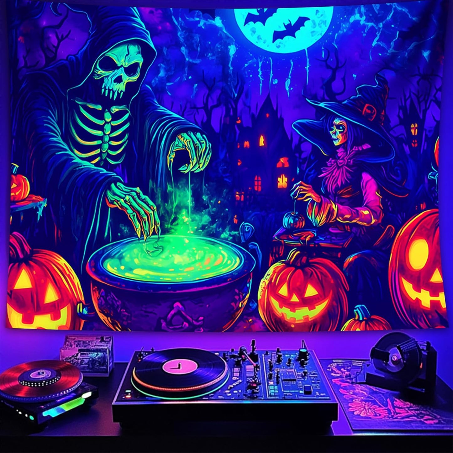 Halloween Tapestry, Blacklight Tapestry for Halloween Party Decor Hanging Tapestries Backdrop Wall Art Poster for Bedroom Dorm 90x70in