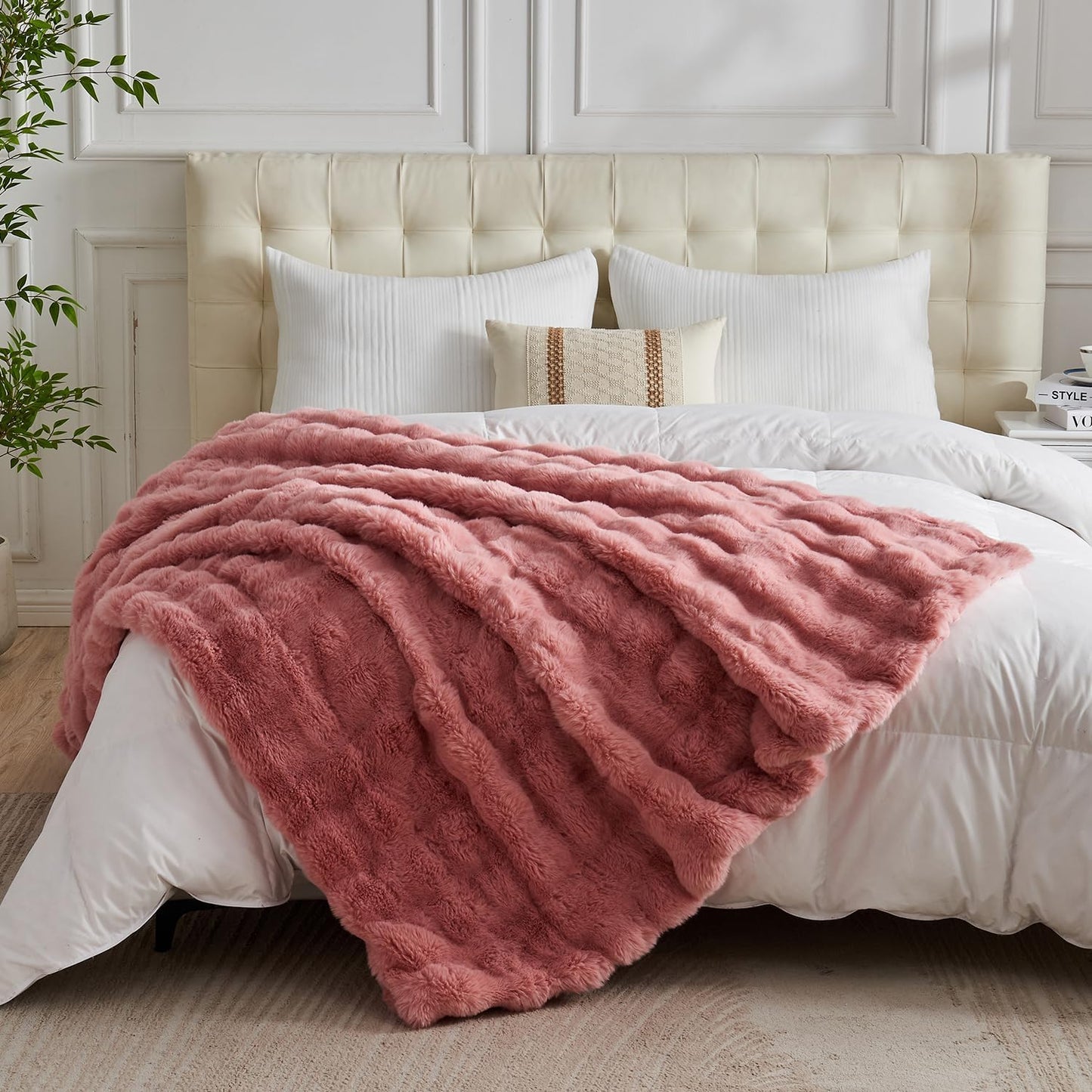 Lotus Karen Faux Fur Blanket - Old Pink Twin Size, Big Bubble Rabbit Fluff Blanket for Couch, 60x80 Inches