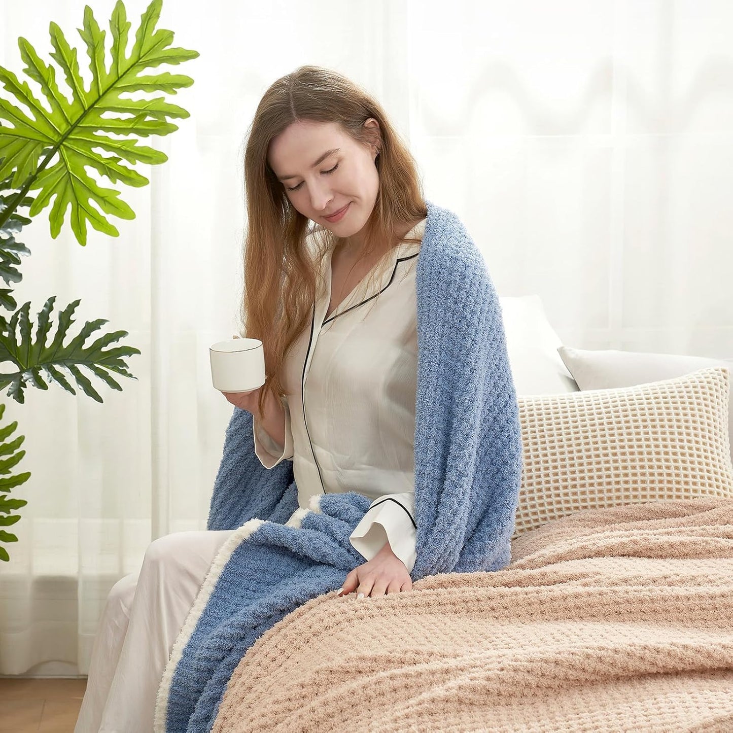 Snuggle Sac Blue Waffle Bedding Blankets Queen Size 90x90 inches, Reversible Microfiber Fluffy Fuzzy Soft Throw Cozy Knit Blanket for Women Mothers Birthday Gifts