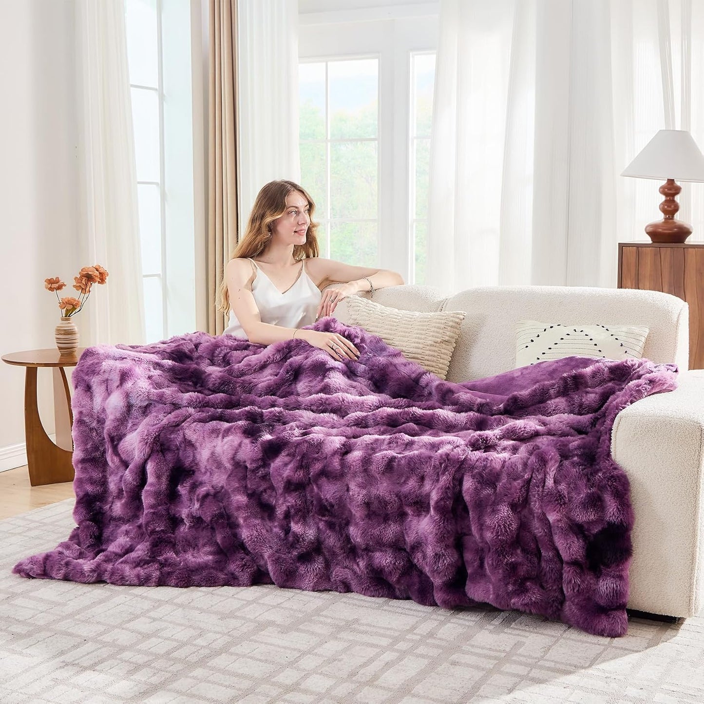 Lotus Karen Faux Fur Throw Blanket Tie-dye Violet - Big Bubble Rabbit Fluff Blanket for Couch Bed Sofa,Softest Fluffy Fuzzy Cozy Blanket,Thick Furry Plush Shaggy Warm Blankets for Women,108x90 Inches
