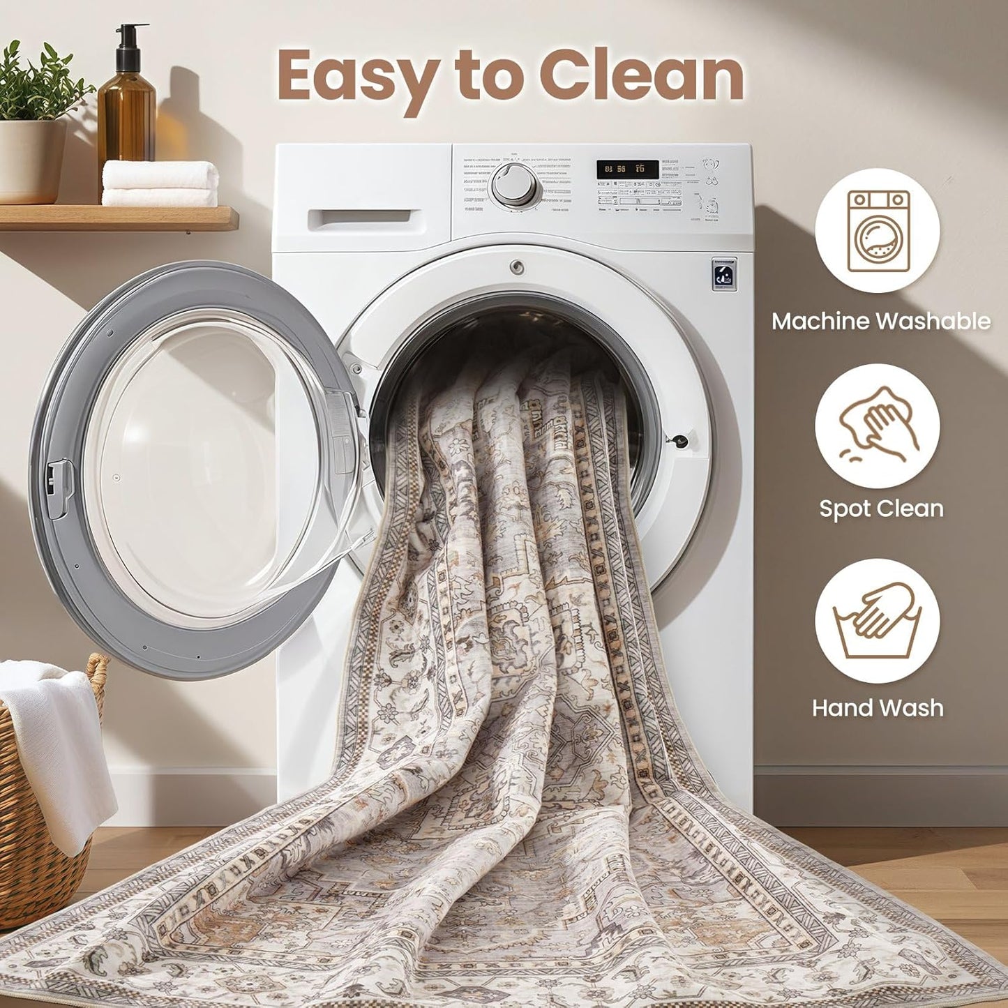 Washable Area Rugs for Living Room - 5x7 Neutral Vintage Distressed Floral Farmhouse Boho Large Soft Floor Rug Indoor Non Slip Carpet for Bedroom Dining Room Office - Grey Brown