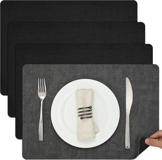Myir JUN Dual Sided Faux Leather Place Mats Set of 4, Indoor & Outdoor Placemats - Non-Slip, Washable, Square (Gray Black)