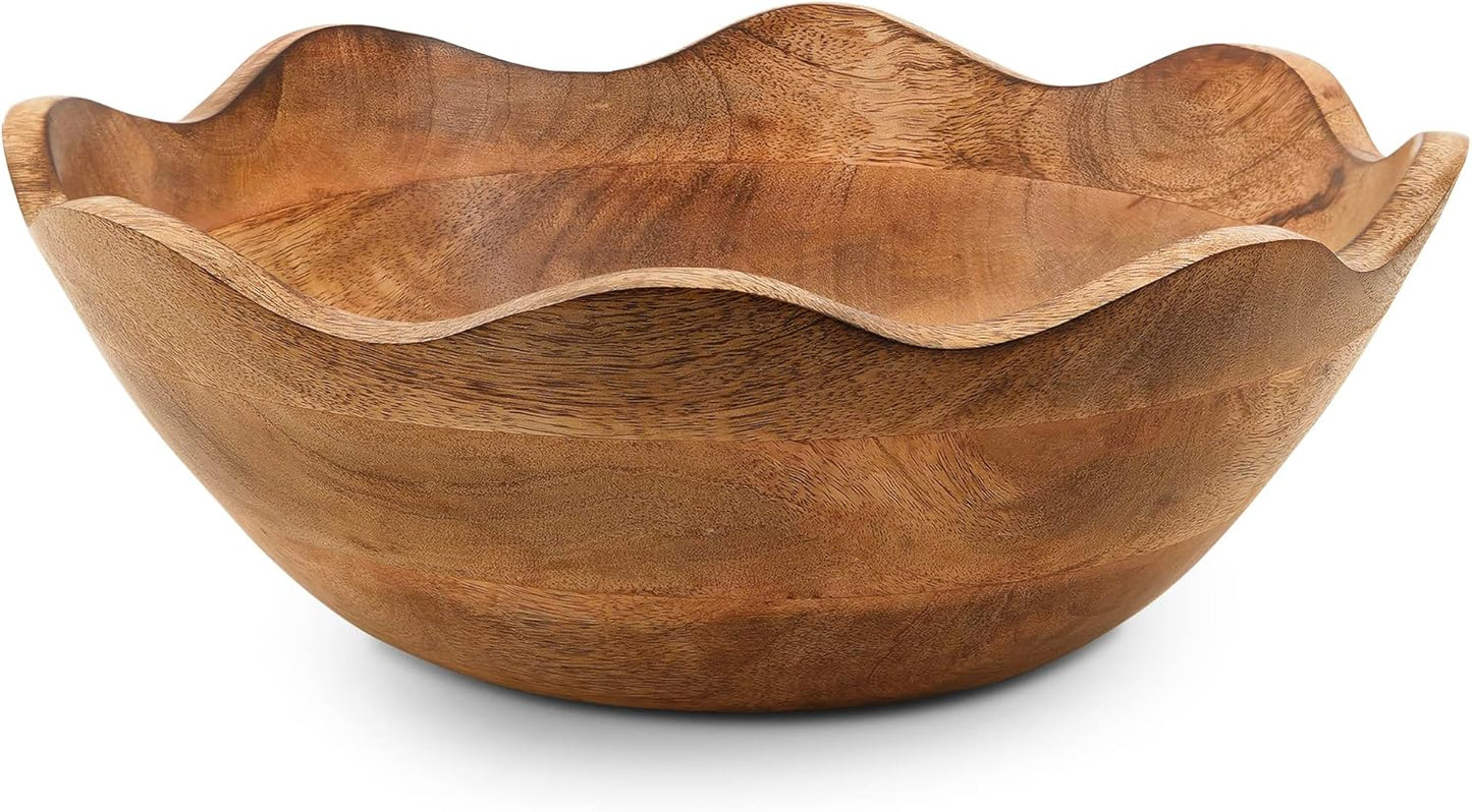 Mela Artisans Wooden Scalloped Bowl - Large | Ruffle Decorative Style | Rustic Kitchen Decor | Mango Wood | Natural Grain Finish | Fits Bread, Fruits, Salad or Popcorn | 12” x 4” x 11”