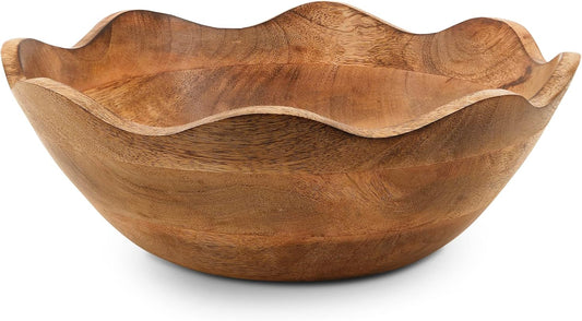 Mela Artisans Wooden Scalloped Bowl - Large | Ruffle Decorative Style | Rustic Kitchen Decor | Mango Wood | Natural Grain Finish | Fits Bread, Fruits, Salad or Popcorn | 12” x 4” x 11”