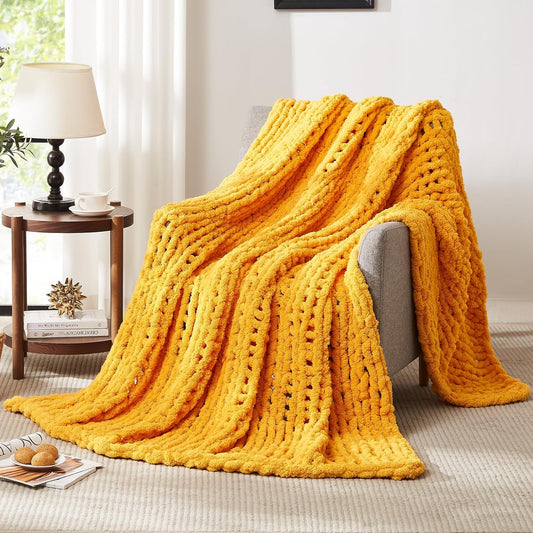 L'AGRATY Chunky Knit Blanket Throw - Soft Chunky Throw Blanket 30x40: 100% Hand Kintted Chenile Crochet Throw Blanket for Couch - Large Cable Knit Chunky Blanket for Home Decor(Mustard Yellow)