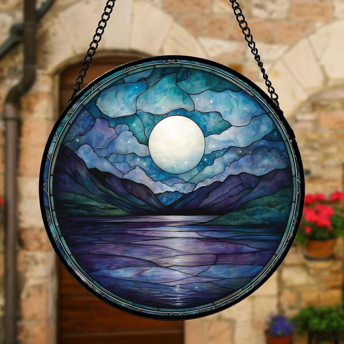 Stained Glass Window Hanging, Blue Night Moon Lake Sun Catchers Colorful Glass Panel Landscape Suncatcher Decor for Birthday for Women, Men, Wife, Aunt, and Mom 7.8 in