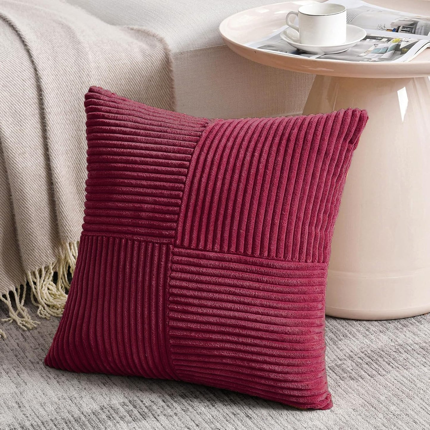 Fancy Homi 2 Packs Burgundy Red Decorative Throw Pillow Covers 16x16 Inch for Living Room Couch Bed, Rustic Farmhouse Boho Home Decor, Soft Corss Patchwork Corduroy Textured Cushion Case 40x40 cm