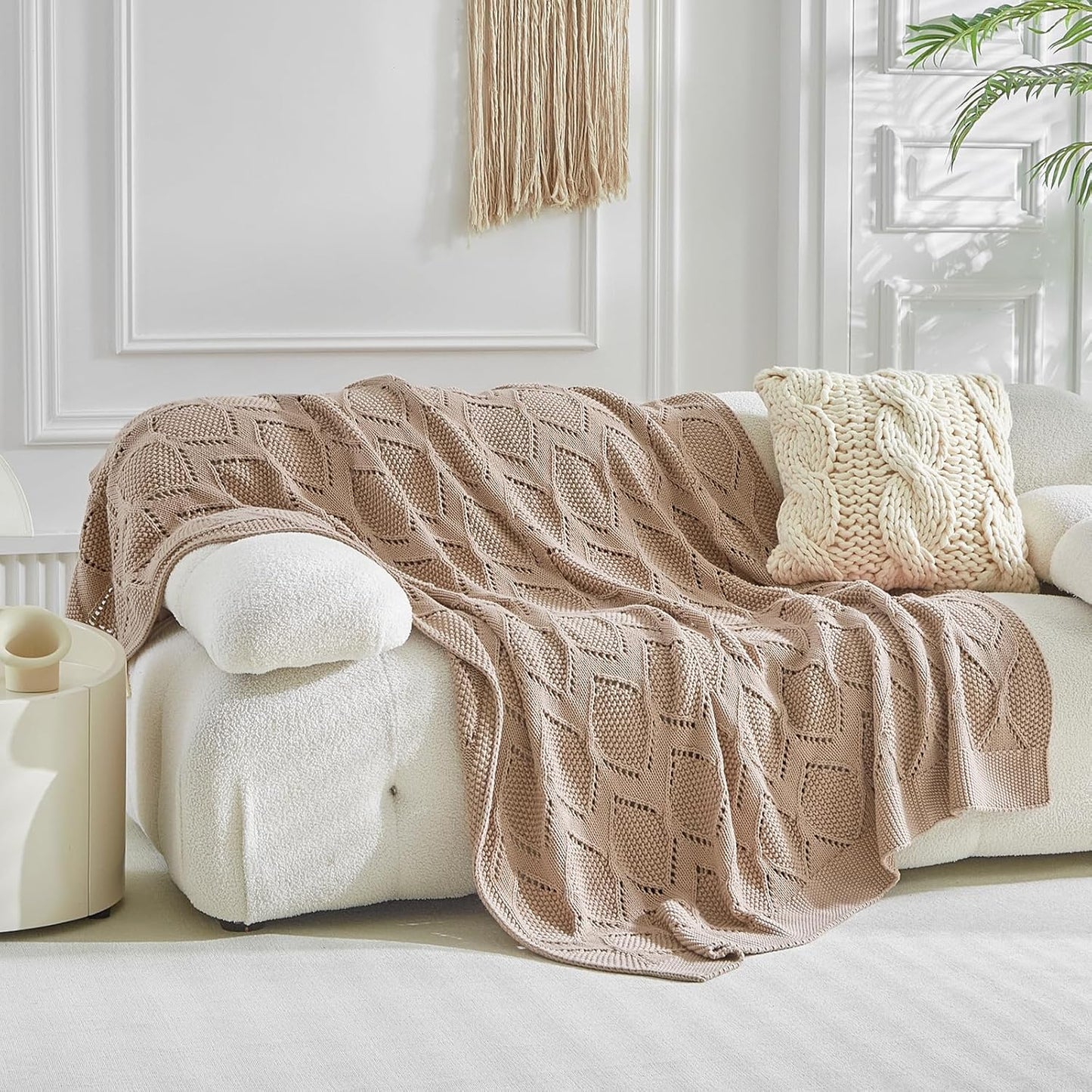 Longhui bedding Chunky Cotton Knit Throw Blanket for Couch, Sofa, Bed, or Chair, Decorative Breathable Fall Cable Knit Blanket 51 x 63 Inches, Pink Rose