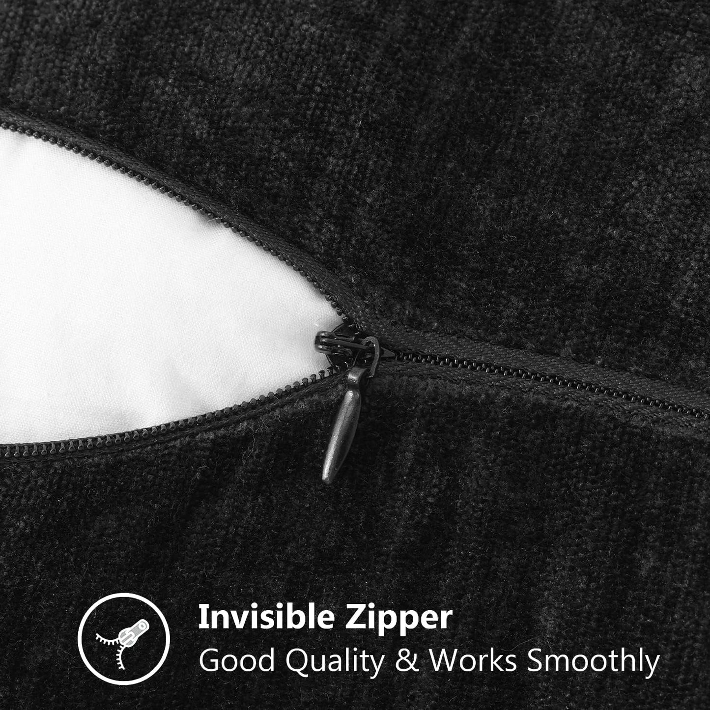 decorUhome Chenille Soft Throw Pillow Covers 16x16 Set of 2, Farmhouse Velvet Neutral Decorative Euro Pillow Covers with Stitched Edge for Couch Sofa Bed Home Decor, Black