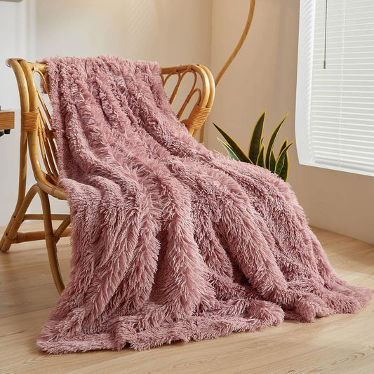 XeGe Plush Faux Fur Throw, Dusty Pink Luxurious 50x60 Shaggy Furry Blanket, Fluffy Microfiber Velvet Couch Throw, Ultra Soft Warm Fuzzy Lap Blanket for Sofa Bed Chair Car Office, Dusty Pink