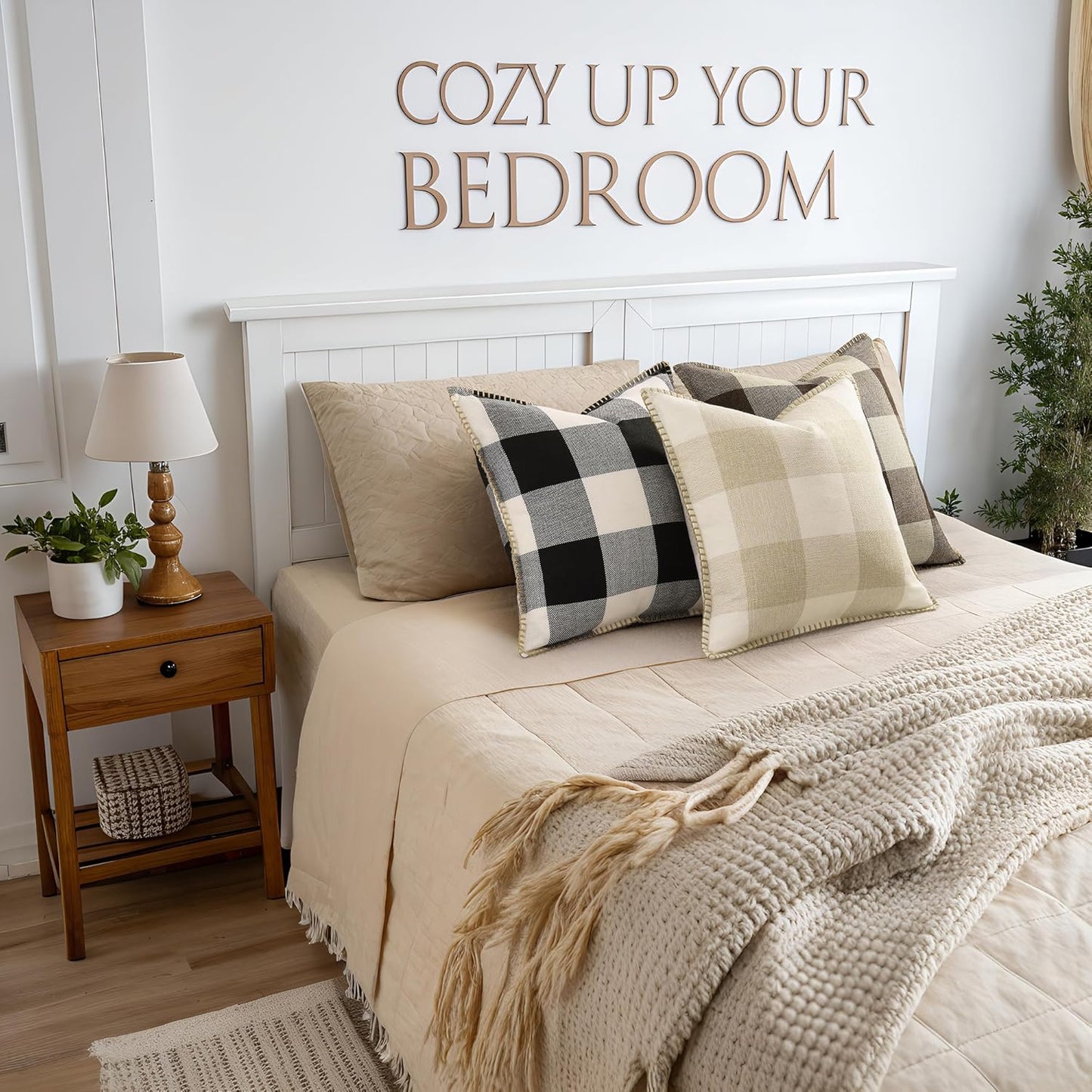 decorUhome Buffalo Plaid Check Throw Pillow Covers 18x18 Set of 2, Outdoor Decorative Farmhouse Neutral Pillow Covers with Stitched Edge for Bed Couch Sofa, Black and White