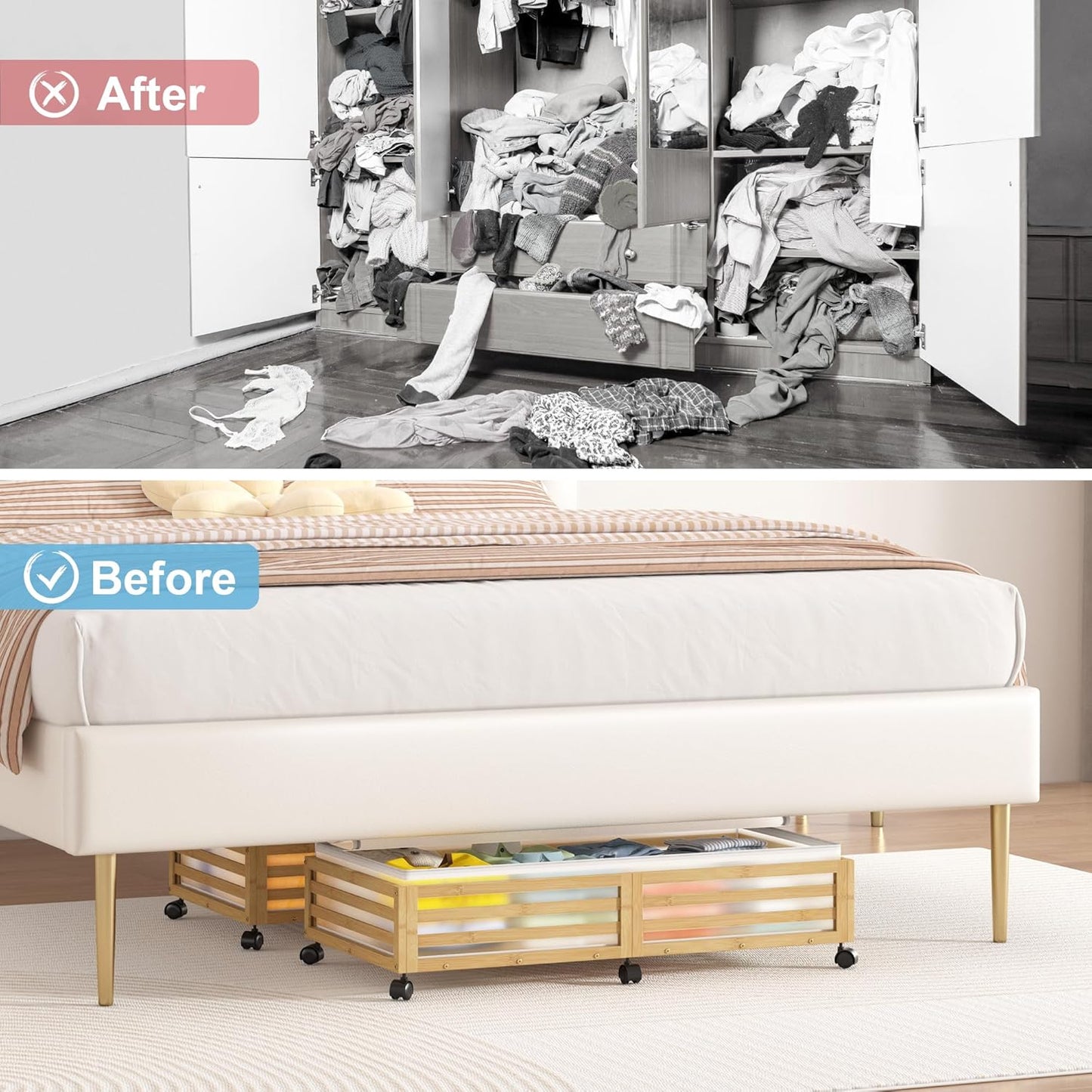 Under Bed Storage with Wheels-Large Bamboo Underbed storage Containers with Large Dust Bag Stackable Under the Bed Shoe Storage Bins for Clothes Books Bedding (2 Packs Nature, 33.07"L×16.54"W× 6.5"H)