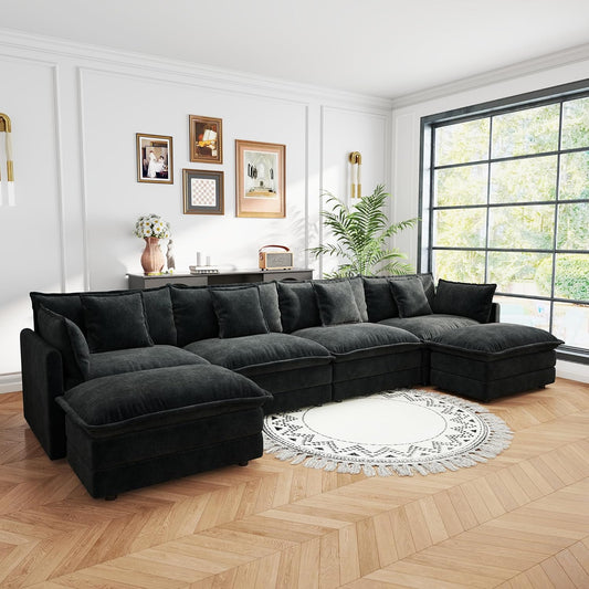 Sectional Sofa 4 Seater with Movable 2 Ottomans,Oversized Modular Couch Deep Seat (Black, 146.5 inch-U)