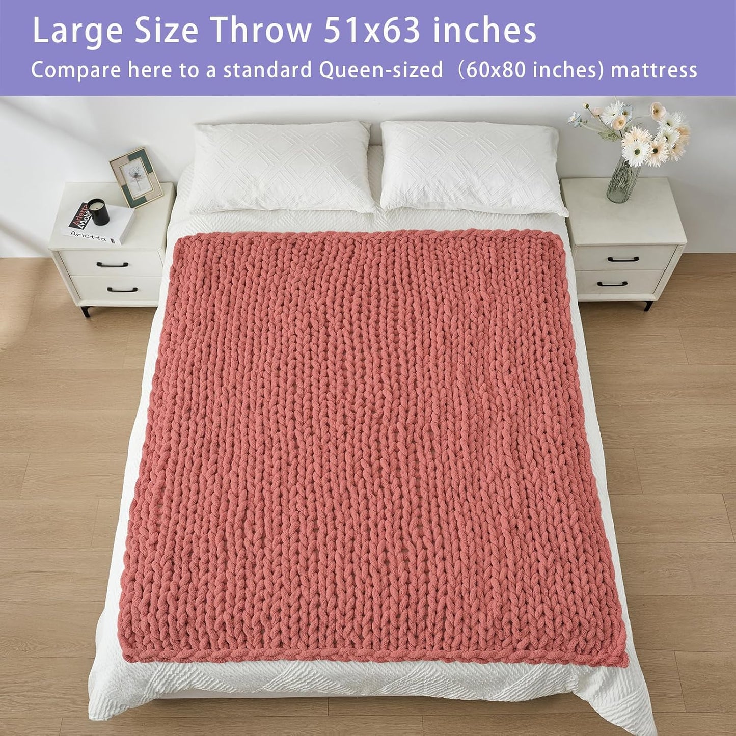 Bigacogo Chunky Knit Throw Blanket for Couch, 51x63 inches, 100% Hand Knitted with Thick Jumbo Chenille Yarn, Cozy Soft Large Rope Knot Cable Crochet Blankets for Sofa Bed Living Room, Antique Red