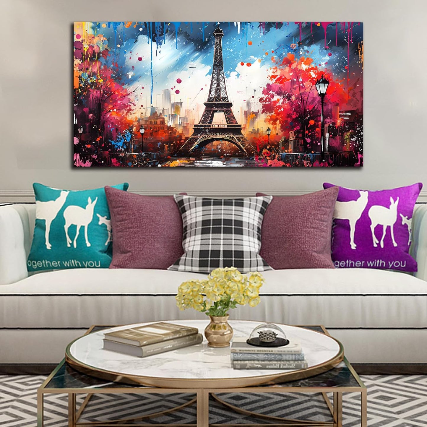 Large Canvas Wall Art Paris Eiffel Tower Decor Modern Blue and Red Graffiti Canvas Prints Ready to Hang for Living Room Bedroom Framed Home Decor Size 24x48