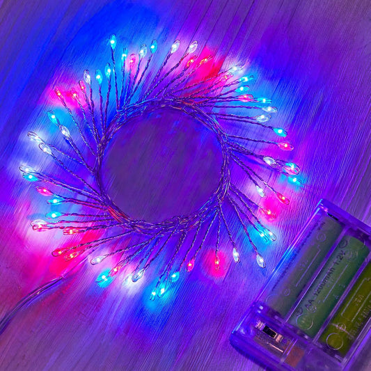 Minetom Red White Blue Fairy Lights Battery Operated, 4th July Decoration Patriotic String Lights Silver Wire 5 Feet 60 Led Firecracker Starry Lights for DIY Wreath Home Independence Day Decoration