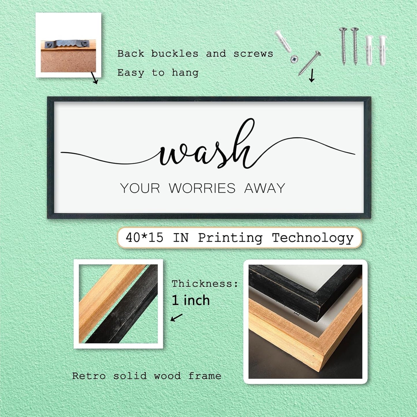 LuZhiQiang Wash Your Worries Away Sign Bathroom Wall Art Decor 40"×15" Large Wood Framed Laundry Room Funny And Artwork Wall Hanging (Black)