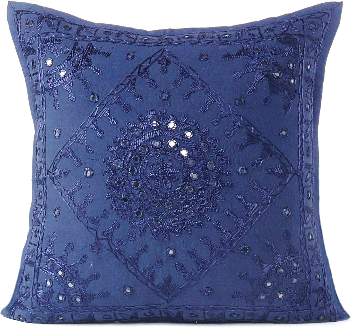 Eyes of India Embroidered Decorative Boho Throw Pillow Cover with Mirrors, Handmade Bohemian Accent Cushion Case for Sofa Couch Bedroom Living Room (Blue, 16" x 16")