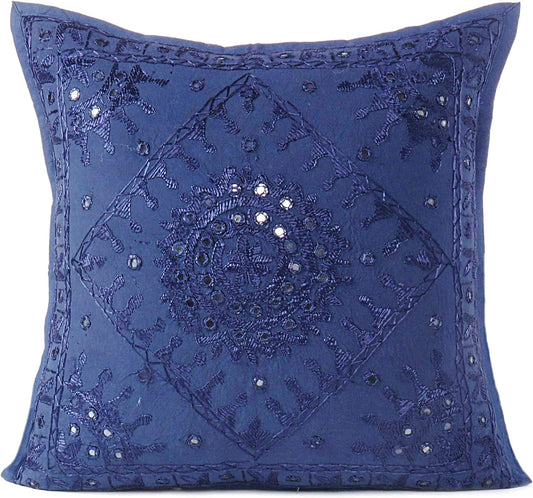 Eyes of India Embroidered Decorative Boho Throw Pillow Cover with Mirrors, Handmade Bohemian Accent Cushion Case for Sofa Couch Bedroom Living Room (Blue, 16" x 16")