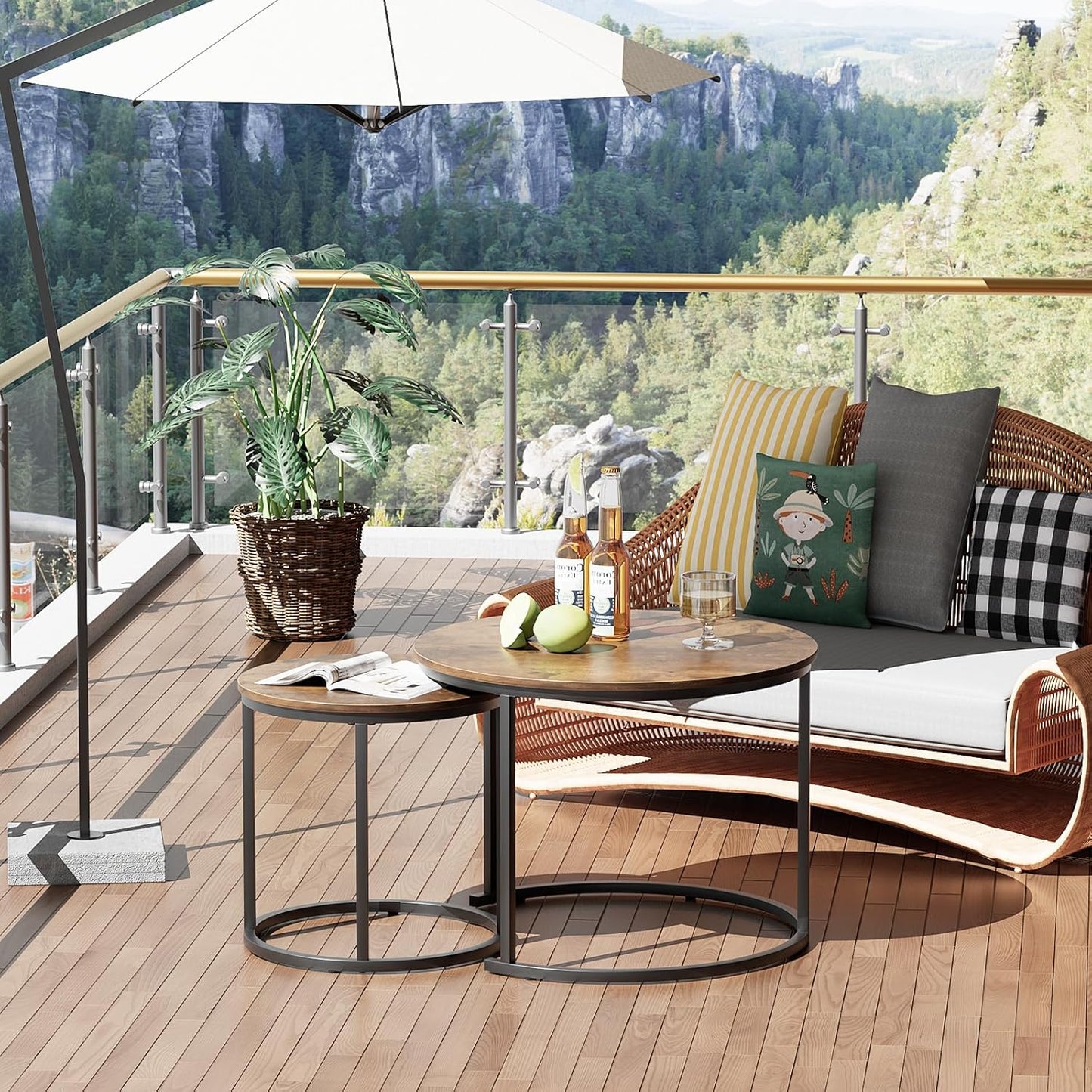 aboxoo Coffee Table Nesting Round Table Set of 2 Side Table with Sturdy Metal Frame for Living Room Bedroom Apartment Modern Industrial Simple Nightstand,Rustic Brown