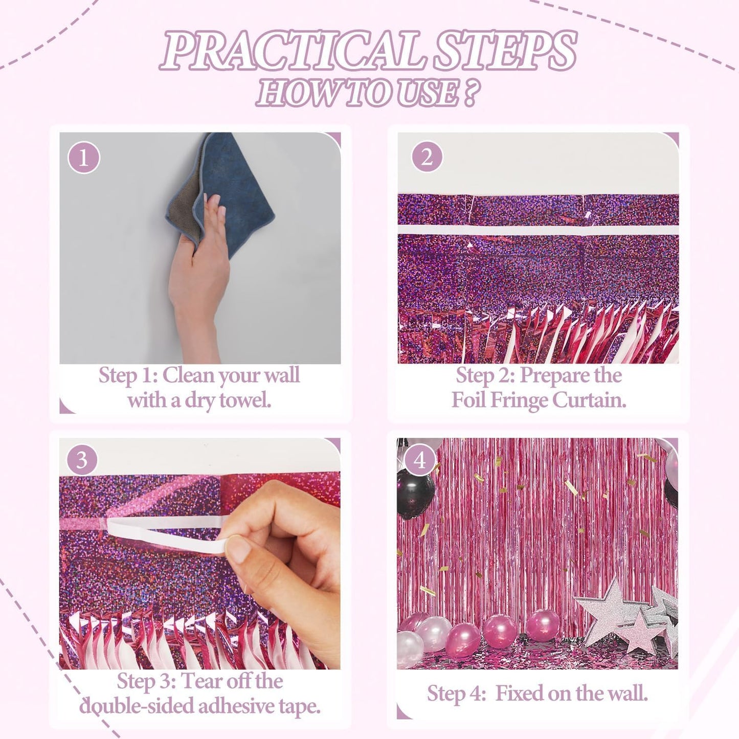 3 Pack Foil Fringe Backdrop - Laser Pink Shiny Tinsel Curtains for Party Decoration/Photo Booth Props - 3.3x8.2 FT Metallic Foil Backdrop for Birthday, Wedding, Graduation, Christmas.