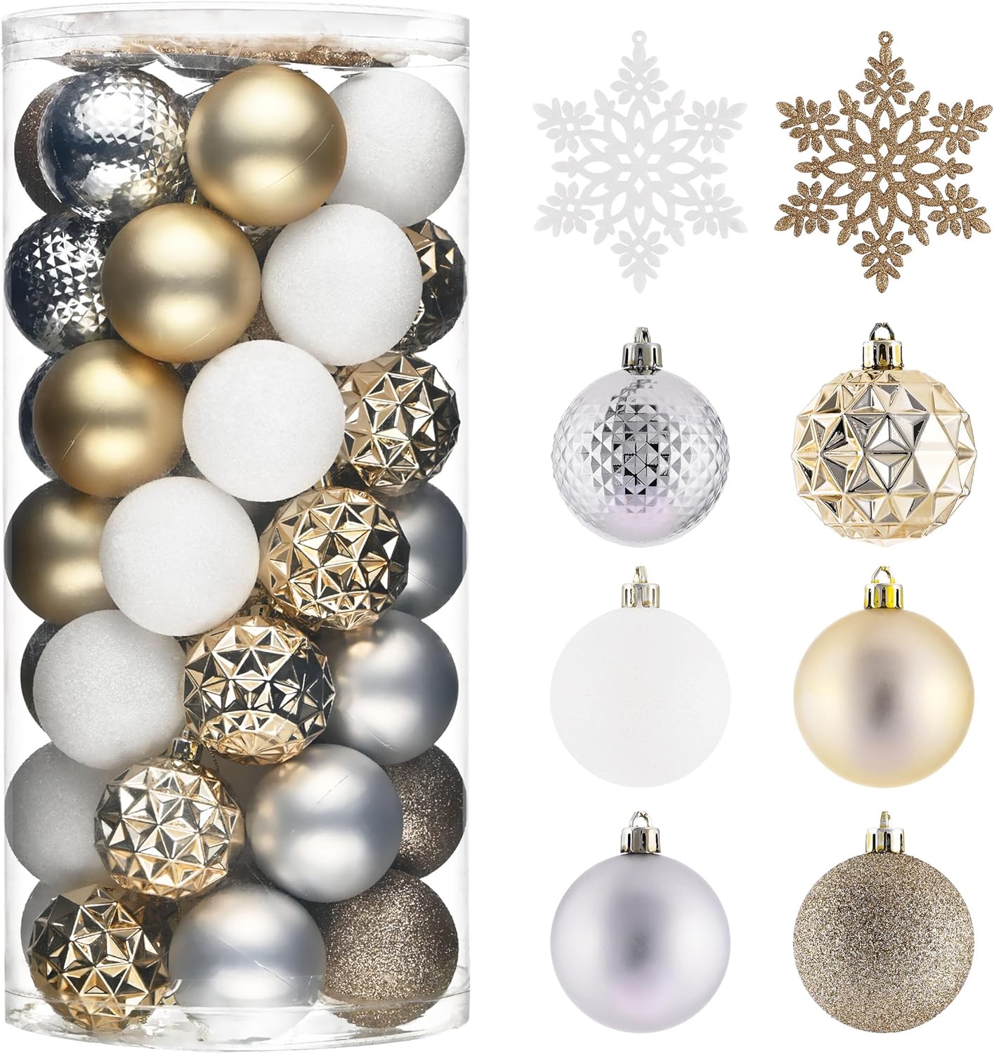 Valery Madelyn Christmas Tree Decorations Ornament Set for Fall Halloween, 50ct 2 Inches White and Gold Shatterproof Christmas Ball Ornaments Hanging Xmas Holiday Party Decor