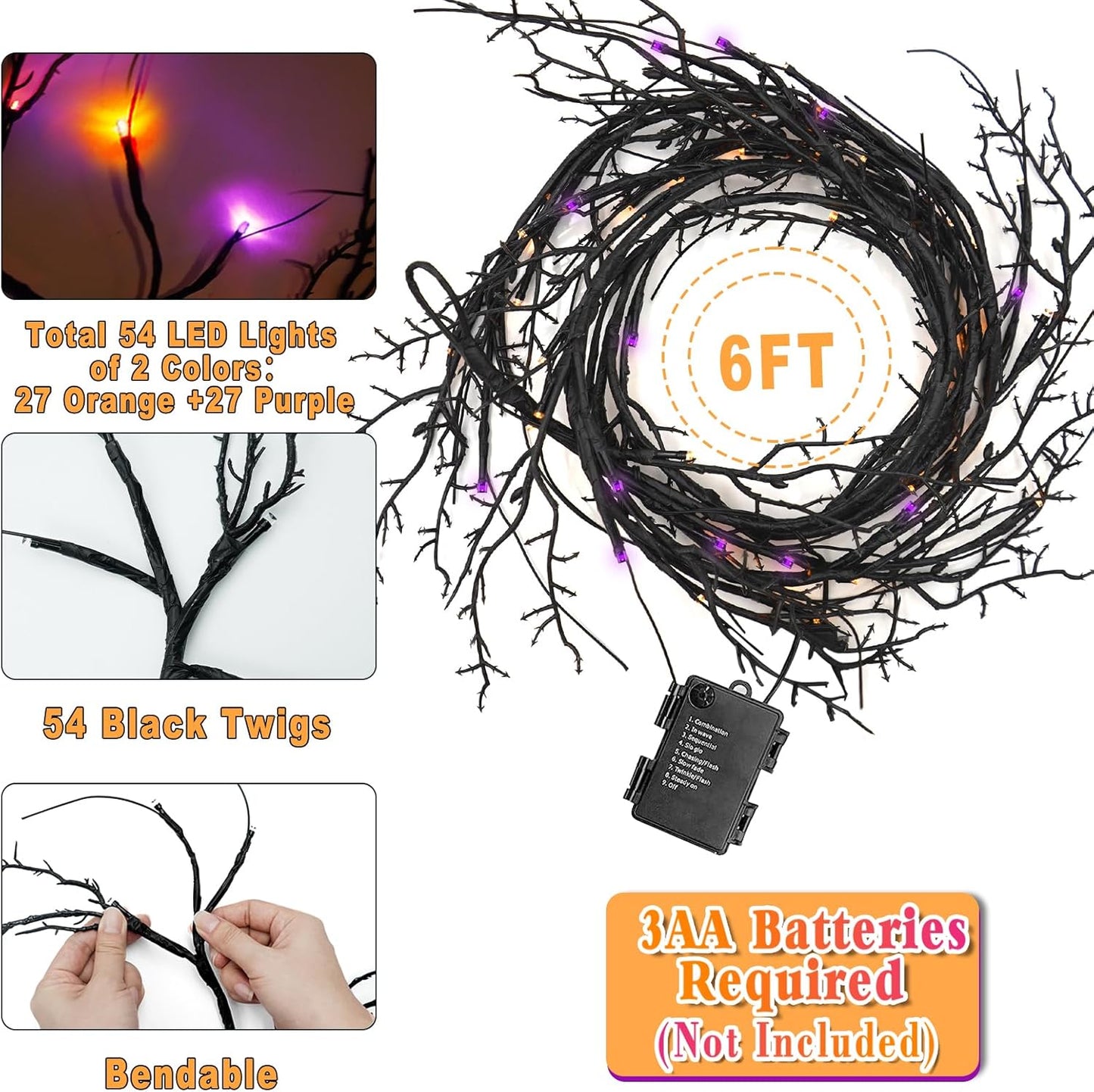[8 Modes & Timer] Halloween Decorations Willow Vine Twig Garland, 6 FT 54LED Willow Vine Twig Lights Orange Purple LED Lights for Indoor Wall Fireplace Halloween Decorations