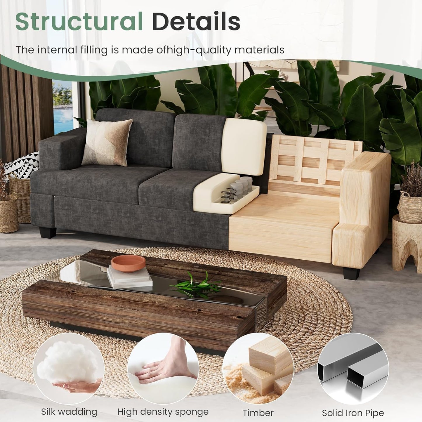 Sofa, 63” Comfy Loveseat Sofa with Deep Seats, Couch for Living Room, Modern Sleeper Couch, Dark Grey Chenille