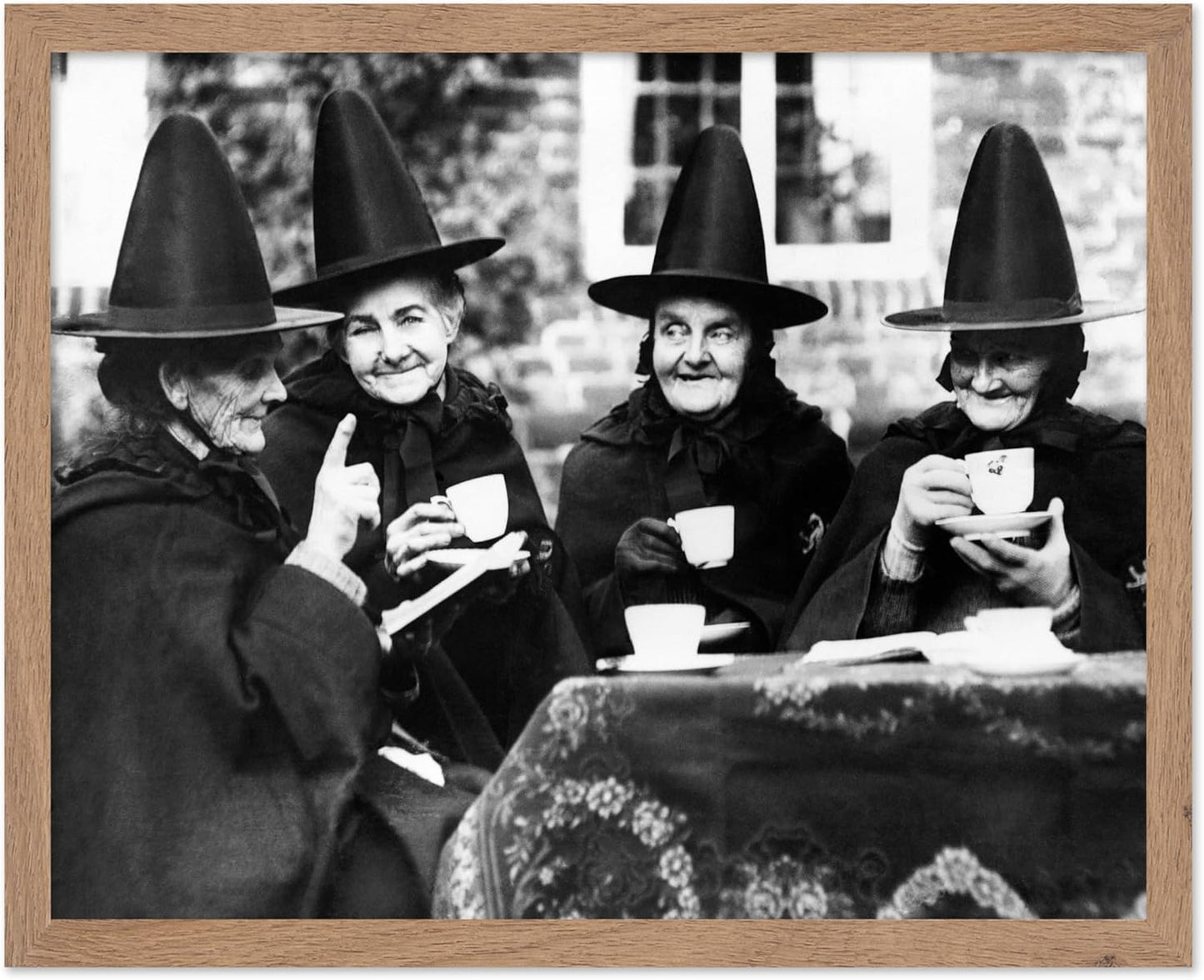 Poster Master Classic Photograph Poster - Vintage Halloween Print - Gift for Artist, Friend - Witches Tea Party, Old Women Smiling, Wearing Robes - Wall Decor for Living Room, 11x14 Beige Framed