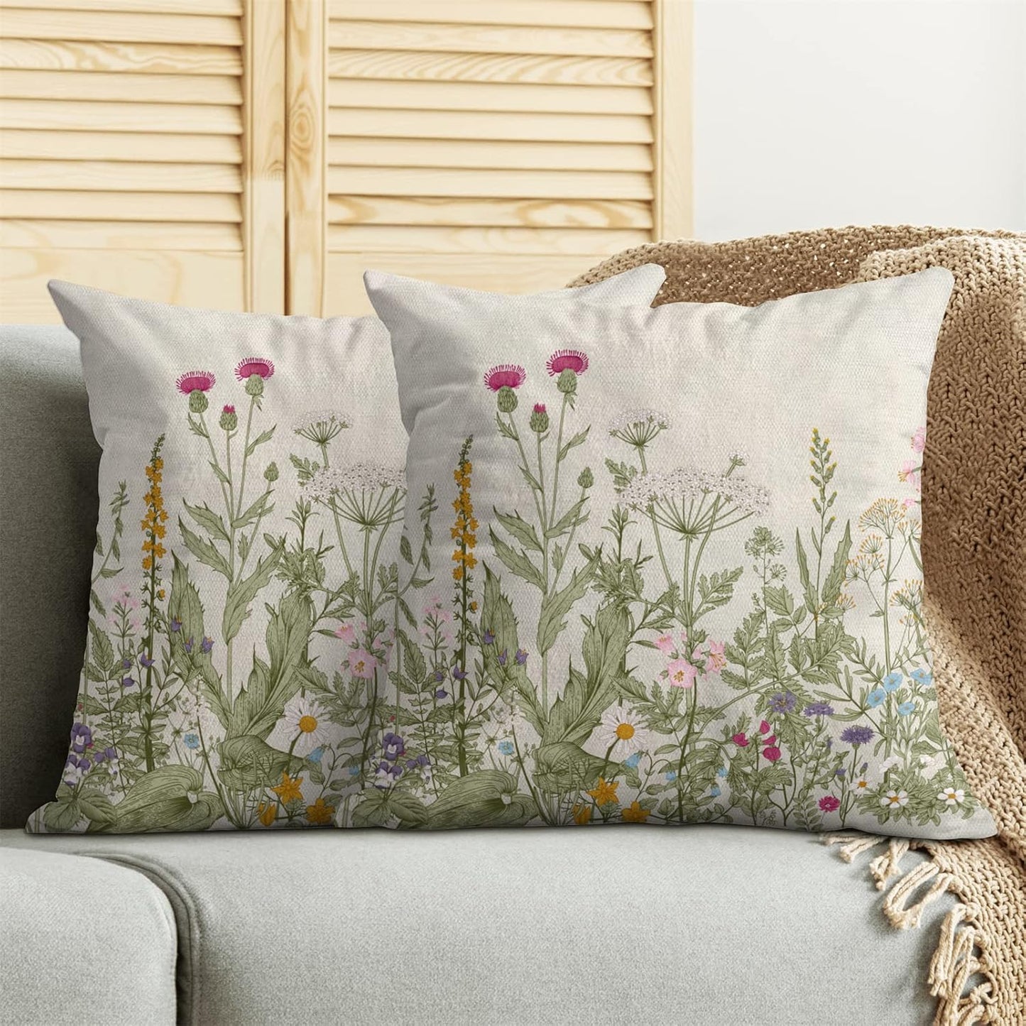 Spring Floral Pillow Covers 18 x 18 Inch Set of 2 Vintage Sage Green Wild Flowers Decor Throw Pillows Wildflower Plant Outdoor Farmhouse Decorative Cushion Cases for Couch Bed Sofa Decoration