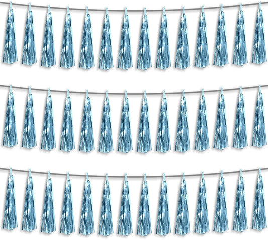 3P Light Blue Foil Fringe Metallic Tassel Streamers Banner Tassel Garland for Parade Floats, Bachelorette, Wedding, Birthday, Halloween, Christmas, Bridal/Baby Shower Party Decorations