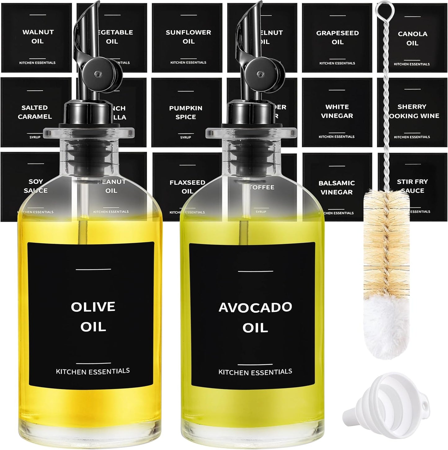 Olive Oil Dispenser Bottle - Includes 55 Kitchen Essential Labels - Cooking Oil Bottles for Kitchen, Coffee Syrup Dispenser - Pourer Spout with 11.8 fl oz Glass Container Cruet - 2pcs, Black