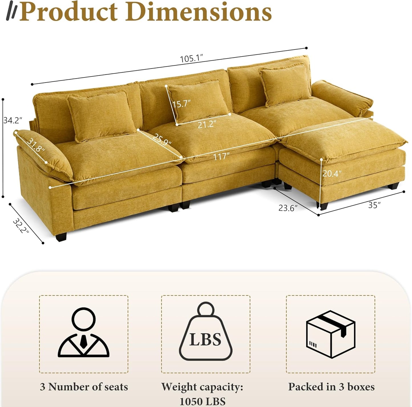 URRED Modular Sectional Sofa Comfy Cloud Couch, Modern Chenille Sofa Sleeper Deep Seat Couches with Ottoman/Pillows for Living Room (Yellow, 117''- L Shape)