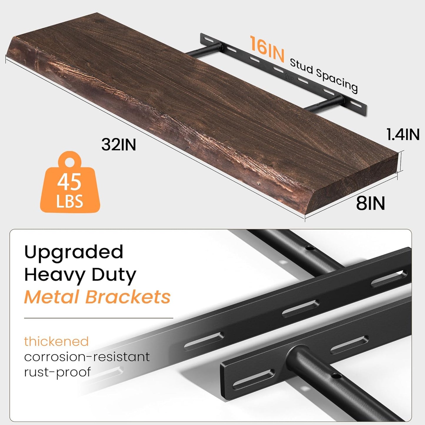 Floating Shelves for Wall, 32 Inch Floating Shelves Wall Mounted, Rustic Live Edge Elm Wood Floating Shelf for Home Decor, Heavy-Duty Storage Shelves for Books, Bathroom, Kitchen (Walnut, Set of 2)