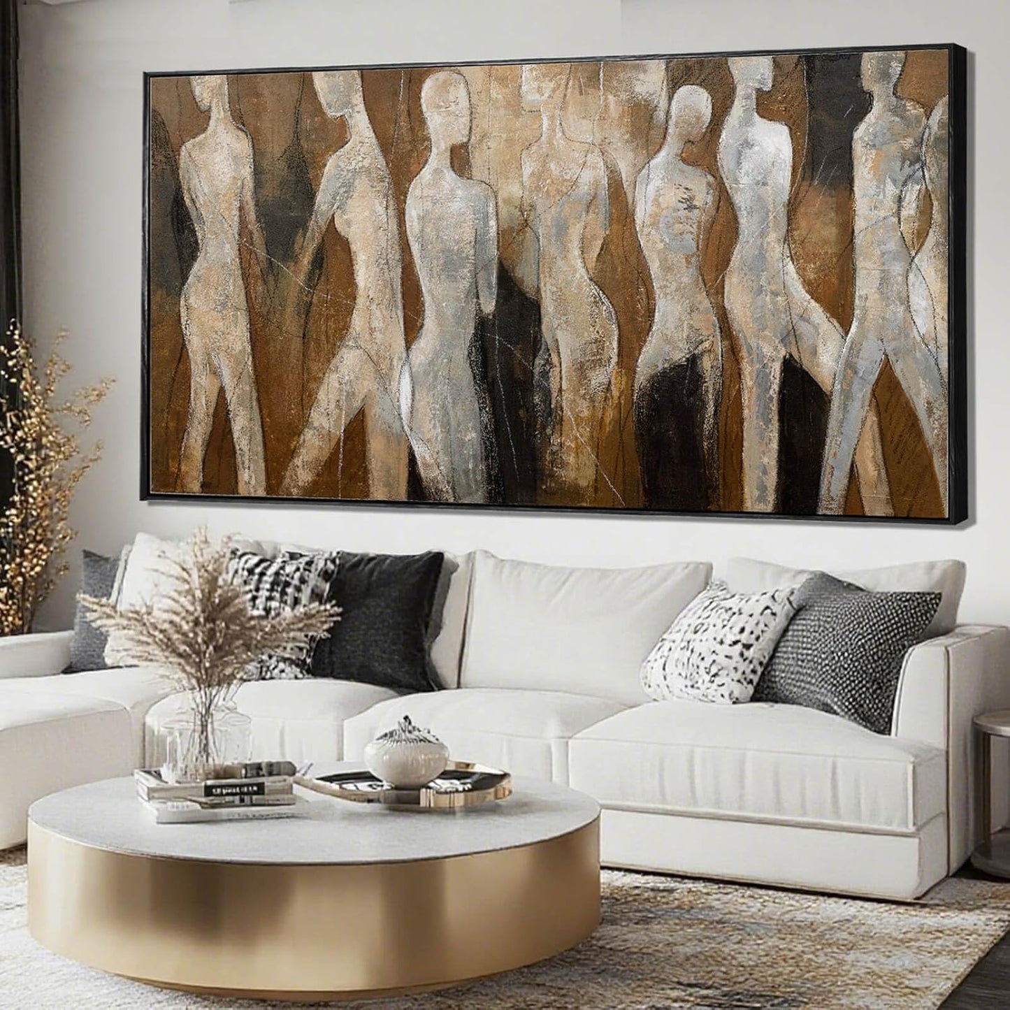 Black Line Wall Decor Brown Canvas Wall Art Figure Wall Decorations 29"x58" Large Pictures for Living Room Artwork for Office